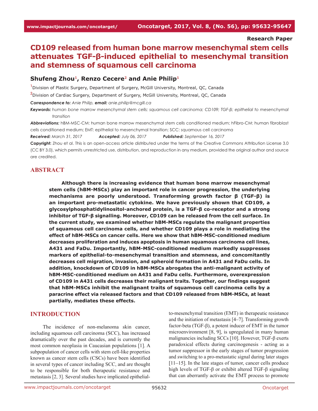 CD109 Released from Human Bone Marrow Mesenchymal Stem Cells Attenuates TGF-Β-Induced Epithelial to Mesenchymal Transition and Stemness of Squamous Cell Carcinoma