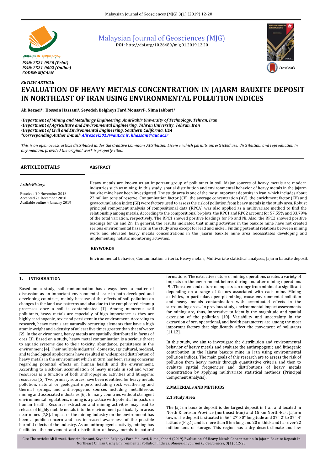 Evaluation of Heavy Metals Concentration in Jajarm Bauxite Deposit in Northeast of Iran Using Environmental Pollution Indices