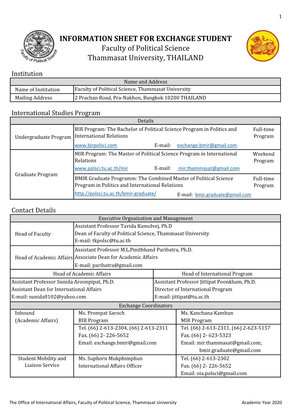 INFORMATION SHEET for EXCHANGE STUDENT Faculty of Political Science Thammasat University, THAILAND