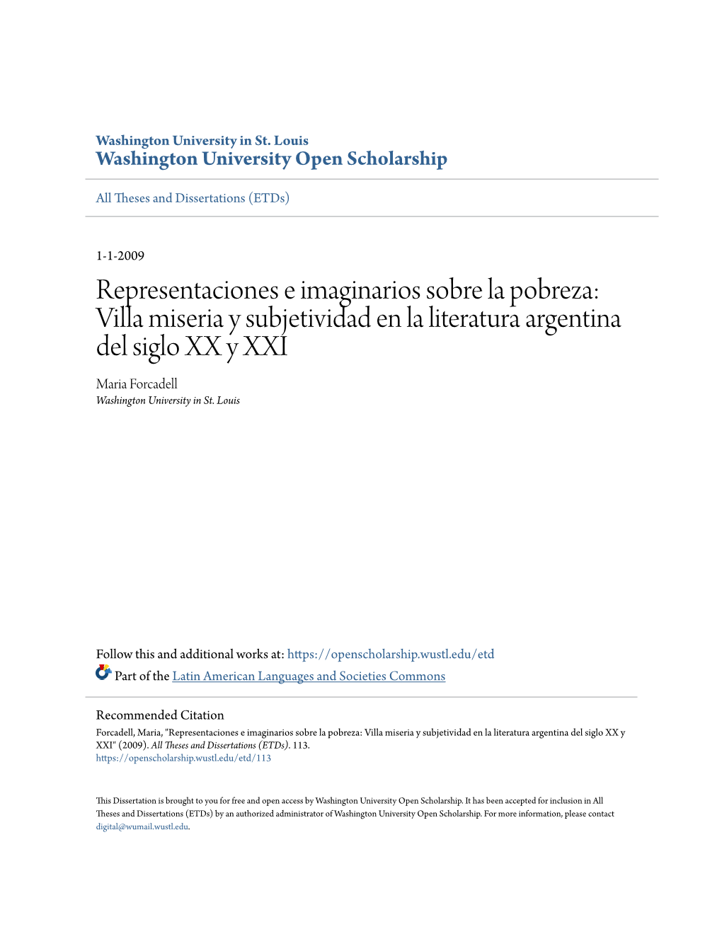 Villa Miseria Y Subjetividad En La Literatura Argentina Del Siglo XX Y XXI Maria Forcadell Washington University in St