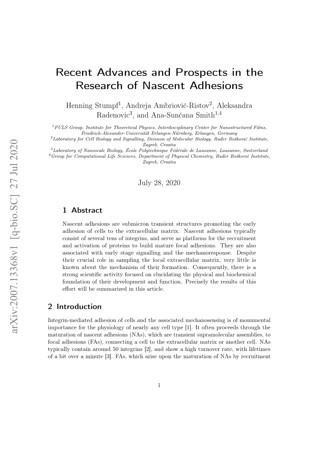 Recent Advances and Prospects in the Research of Nascent Adhesions Arxiv:2007.13368V1 [Q-Bio.SC] 27 Jul 2020