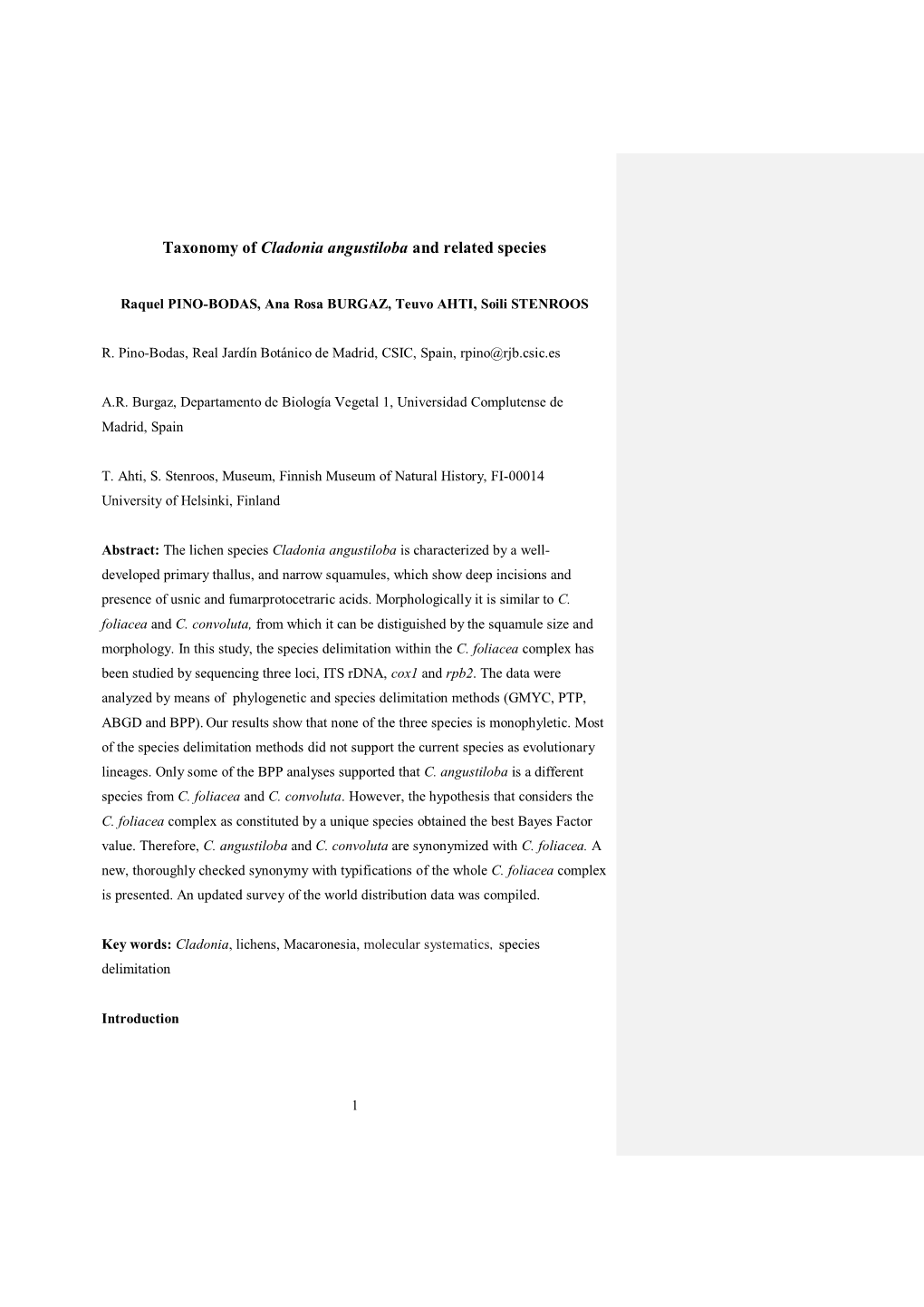 Taxonomy of Cladonia Angustiloba and Related Species