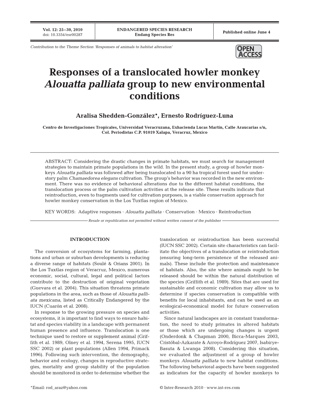 Responses of a Translocated Howler Monkey Alouatta Palliata Group to New Environmental Conditions