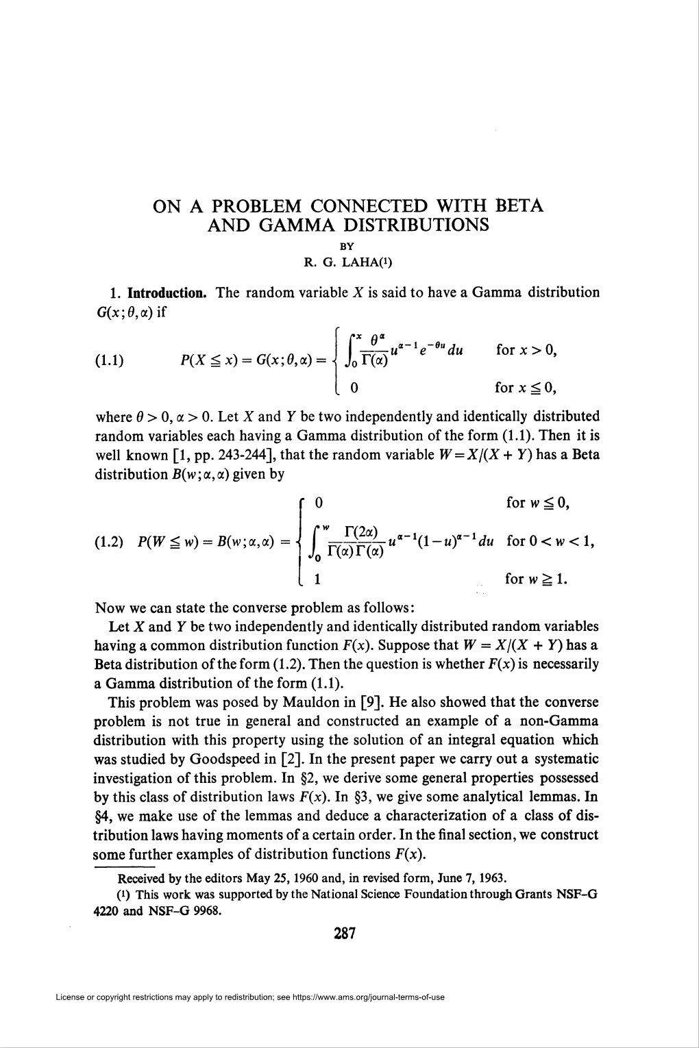 On a Problem Connected with Beta and Gamma Distributions by R