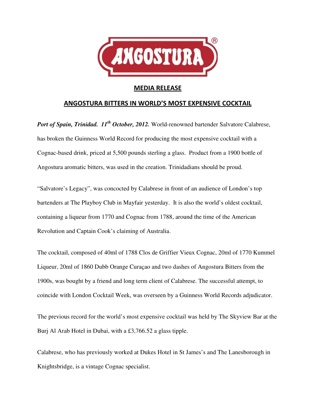 Media Release Angostura Bitters in World's Most