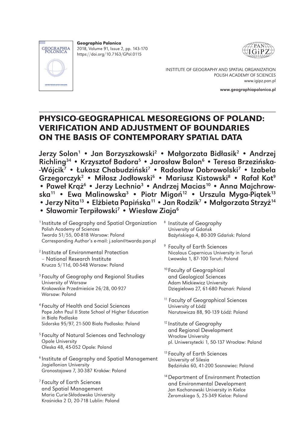 (2018), Physico-Geographical Mesoregions of Poland