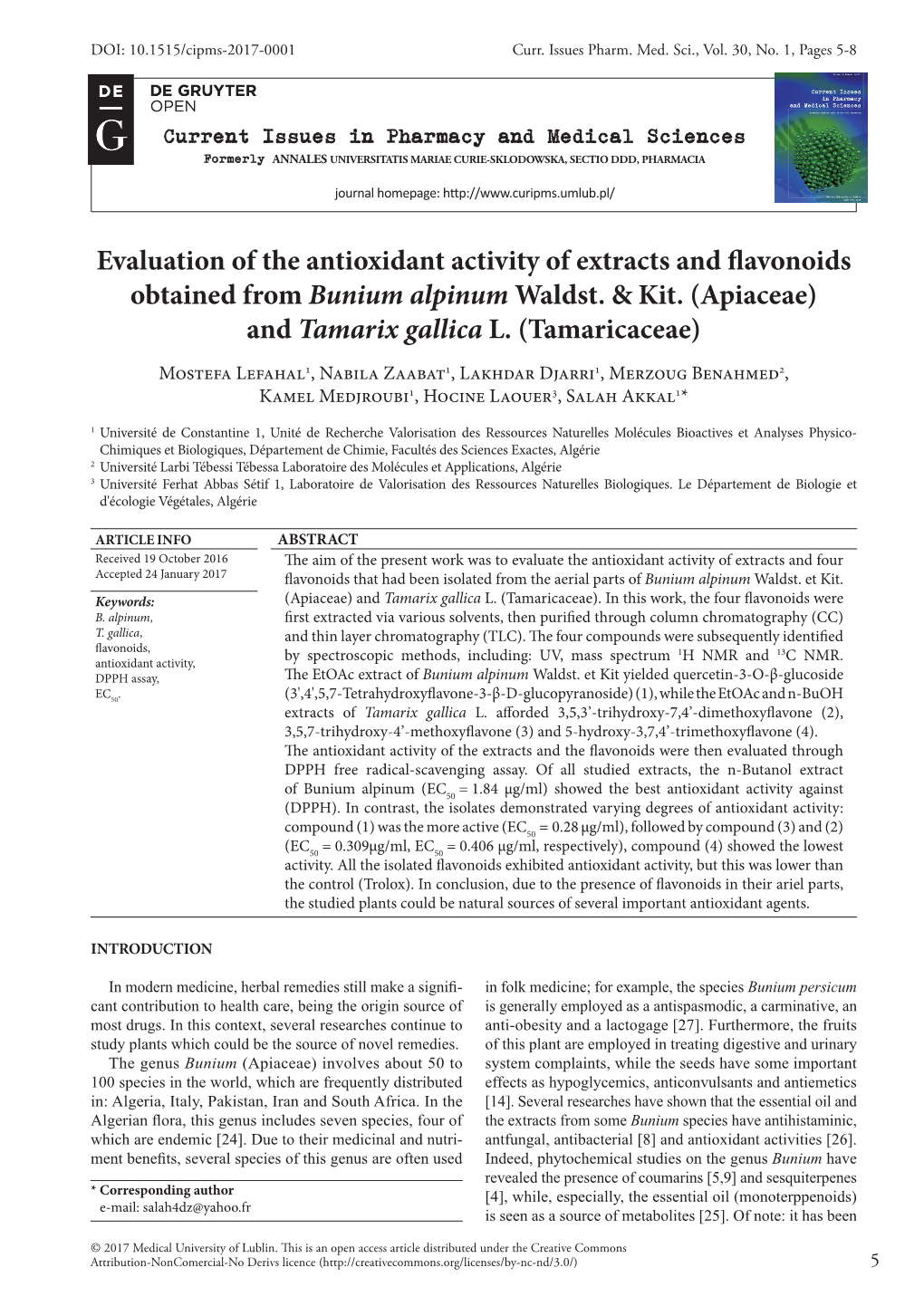 Evaluation of the Antioxidant Activity of Extracts and Flavonoids Obtained from Bunium Alpinum Waldst