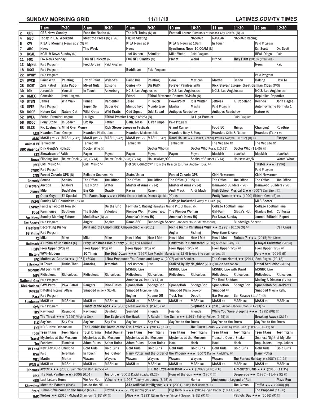 Sunday Morning Grid 11/11/18 Latimes.Com/Tv Times