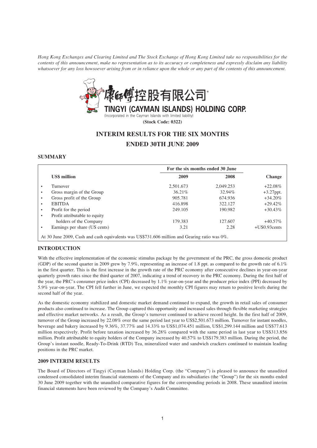 Interim Results for the Six Months Ended 30Th June 2009