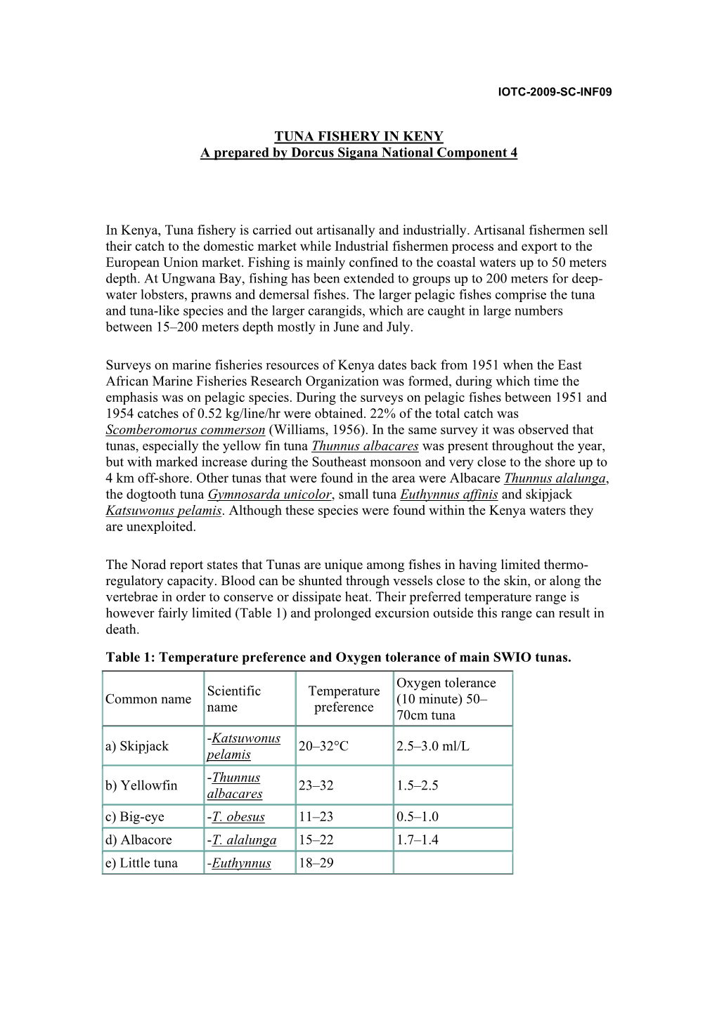 TUNA FISHERY in KENY a Prepared by Dorcus Sigana National Component 4