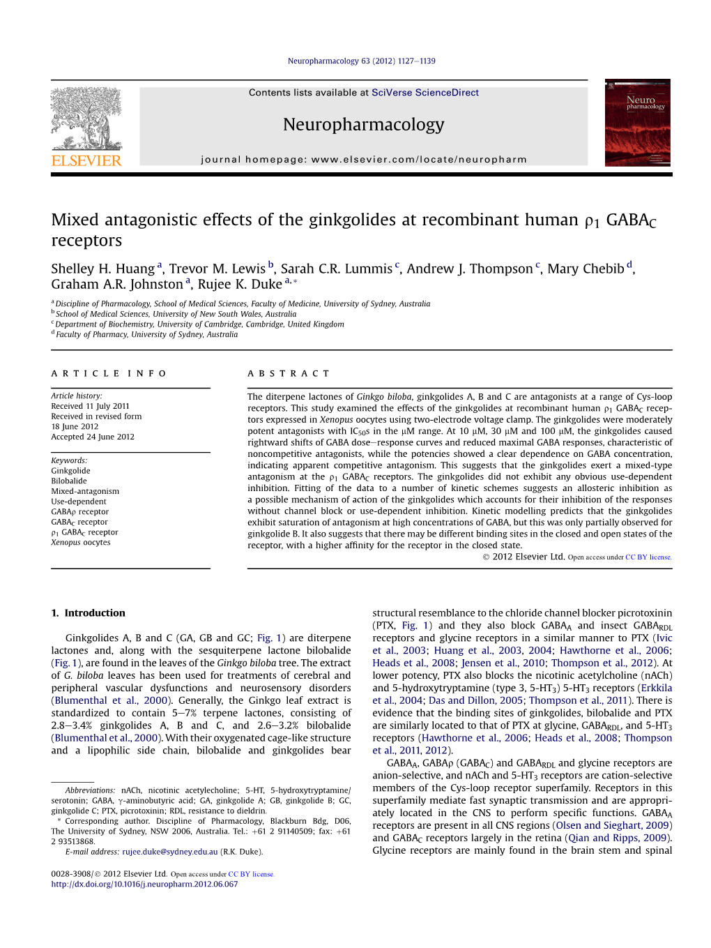 Mixed Antagonistic Effects of the Ginkgolides at Recombinant Human R1 GABAC Receptors