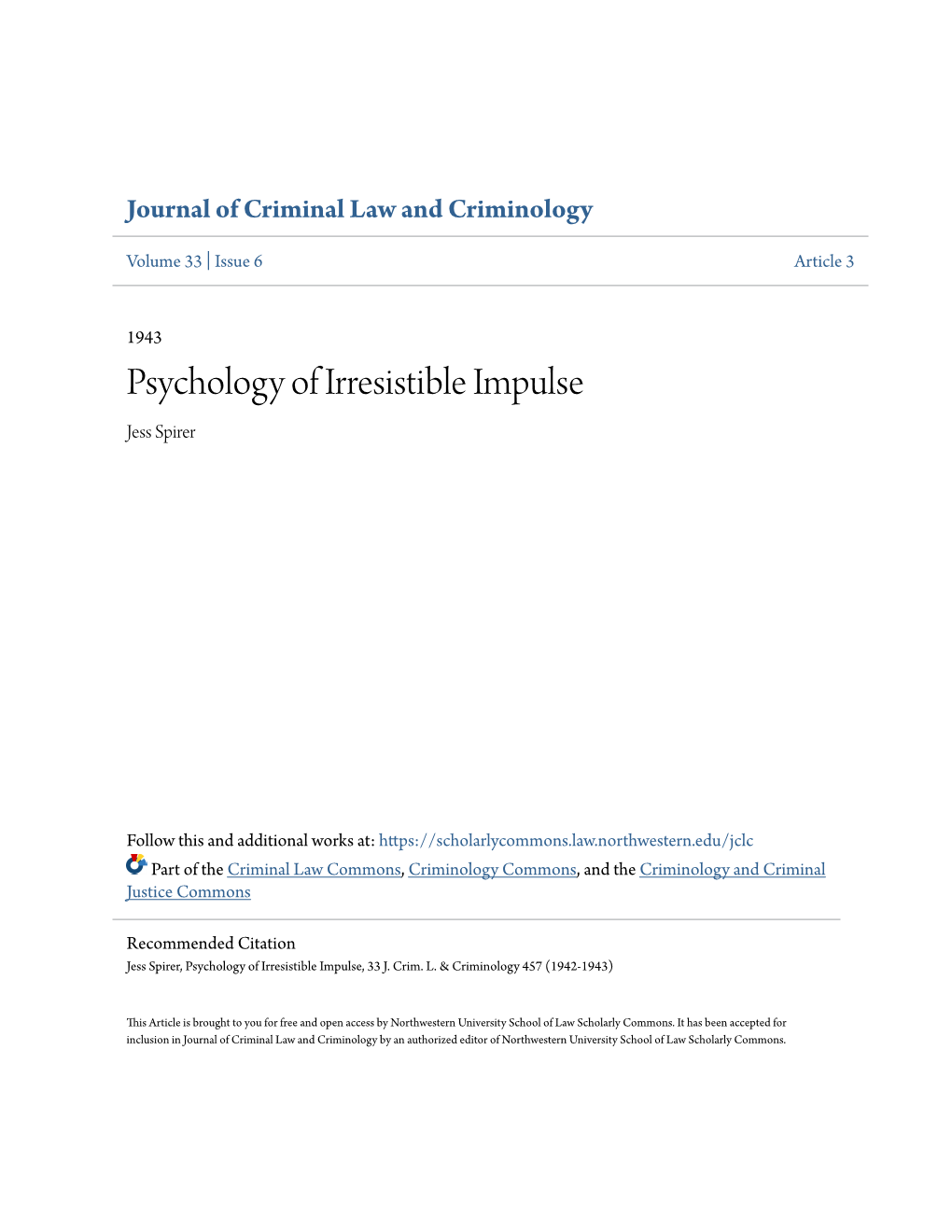 Psychology of Irresistible Impulse Jess Spirer