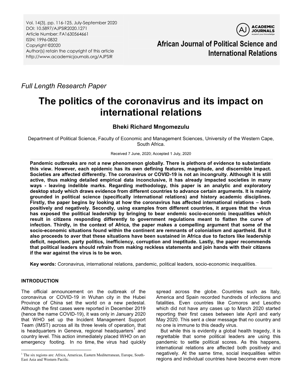 The Politics of the Coronavirus and Its Impact on International Relations