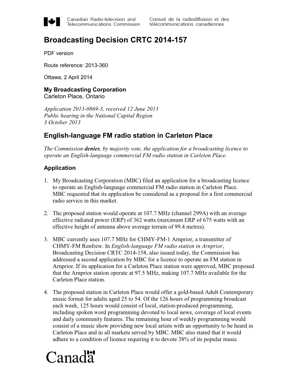 Broadcasting Decision CRTC 2014-157