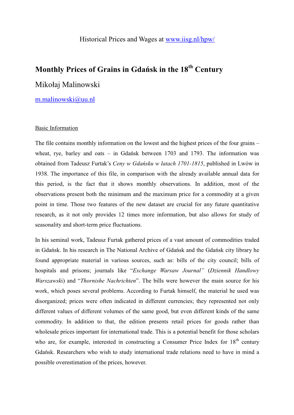 Monthly Prices of Grains in Gdańsk in the 18 Century Mikołaj Malinowski