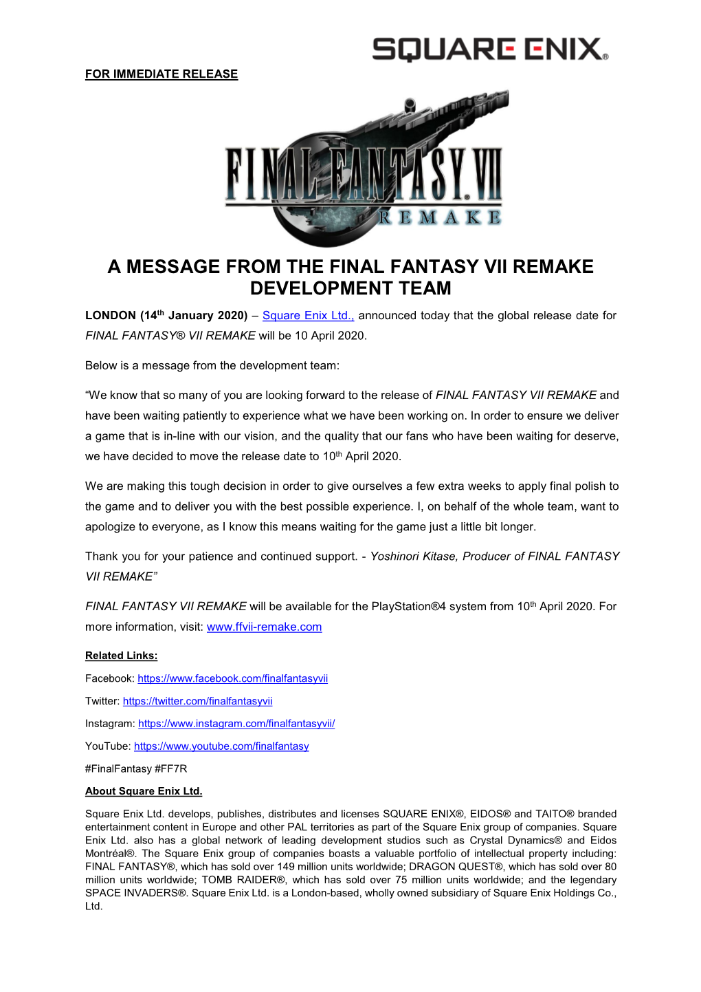 A Message from the Final Fantasy Vii Remake