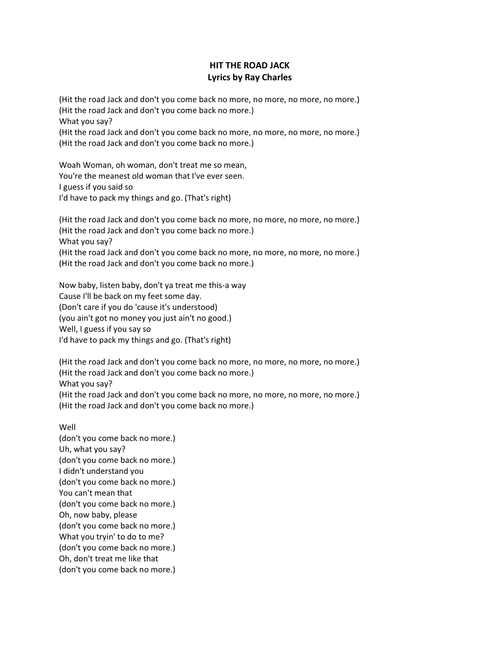 HIT the ROAD JACK Lyrics by Ray Charles