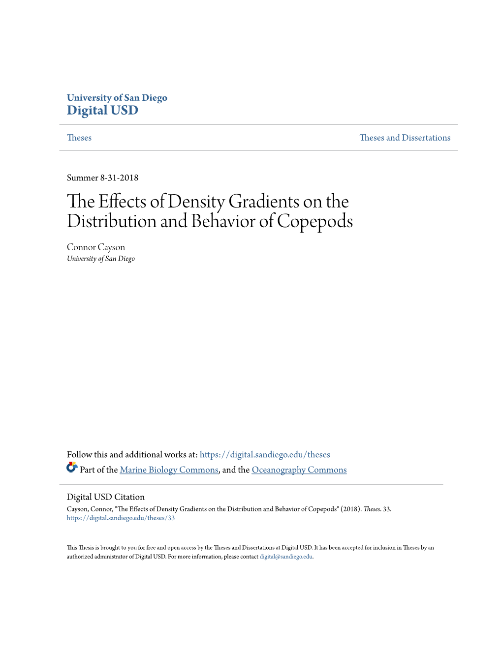 The Effects of Density Gradients on the Distribution and Behavior of Copepods" (2018)