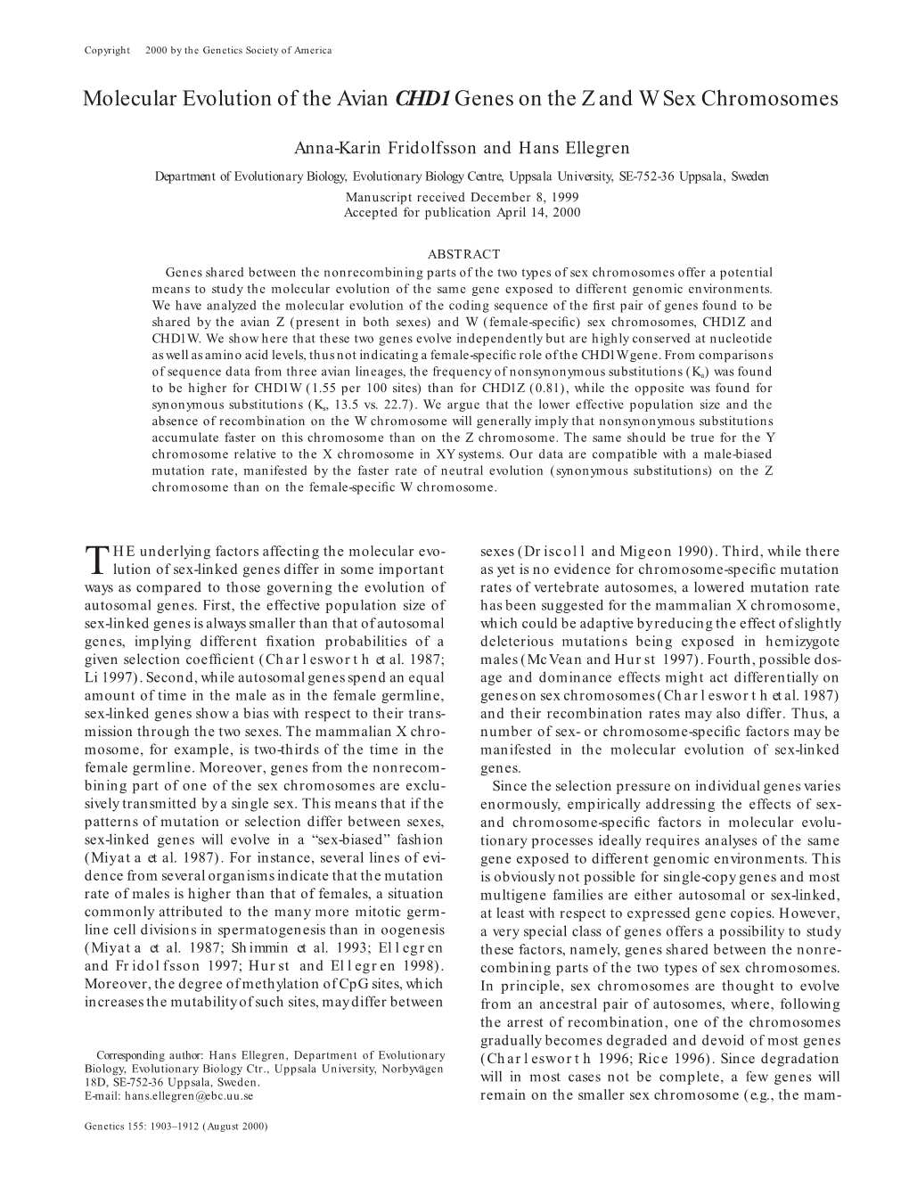 Molecular Evolution of the Avian CHD1 Genes on the Z and W Sex Chromosomes