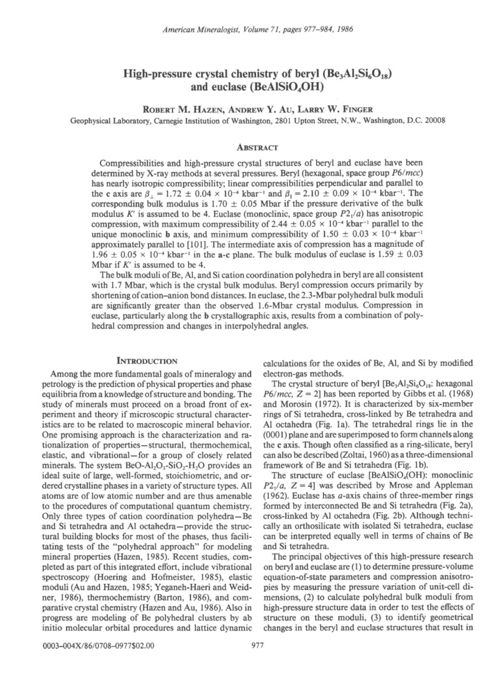 High-Pressure Crystal Chemistry of Beryl (Beralrsi.Otr) and Euclase