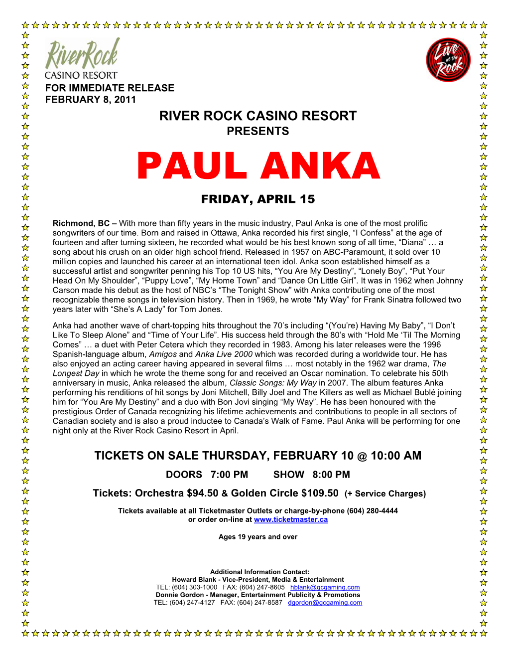 Paul Anka Friday, April 15