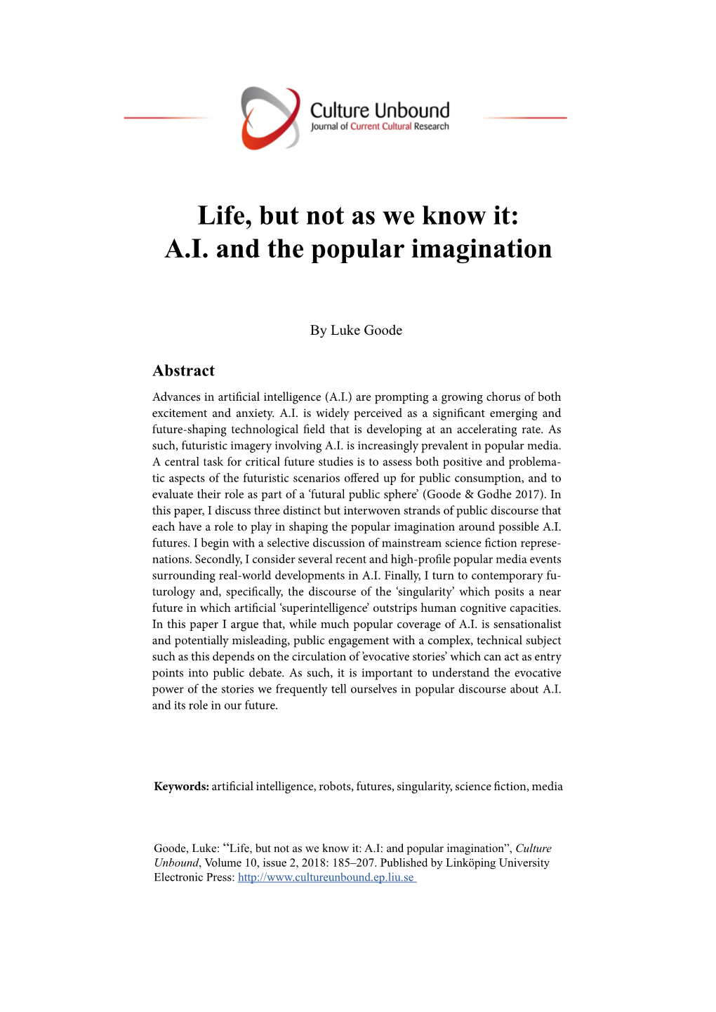 Life, but Not As We Know It: A.I. and the Popular Imagination