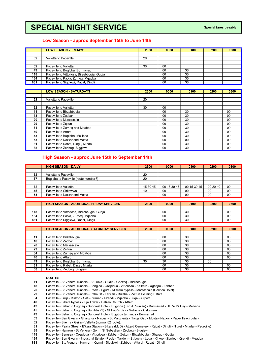 SPECIAL NIGHT SERVICE Special Fares Payable