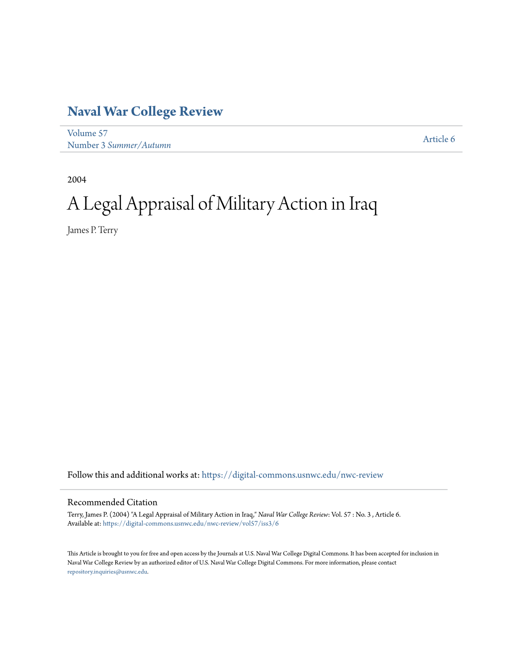 A Legal Appraisal of Military Action in Iraq James P