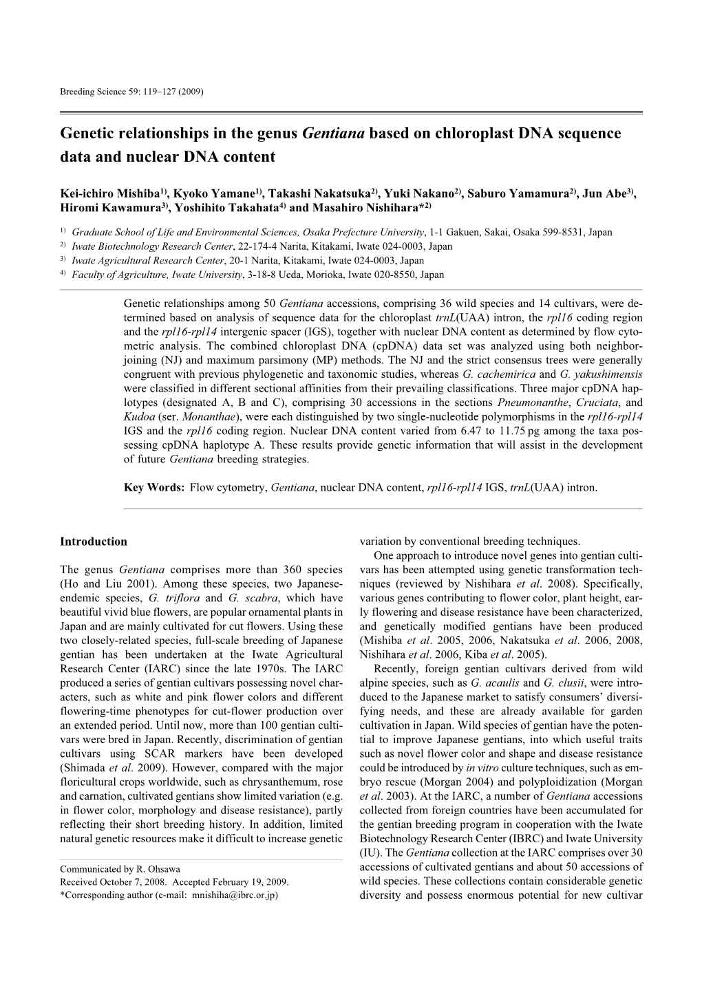 Genetic Relationships in the Genus Gentiana Based on Chloroplast DNA Sequence Data and Nuclear DNA Content