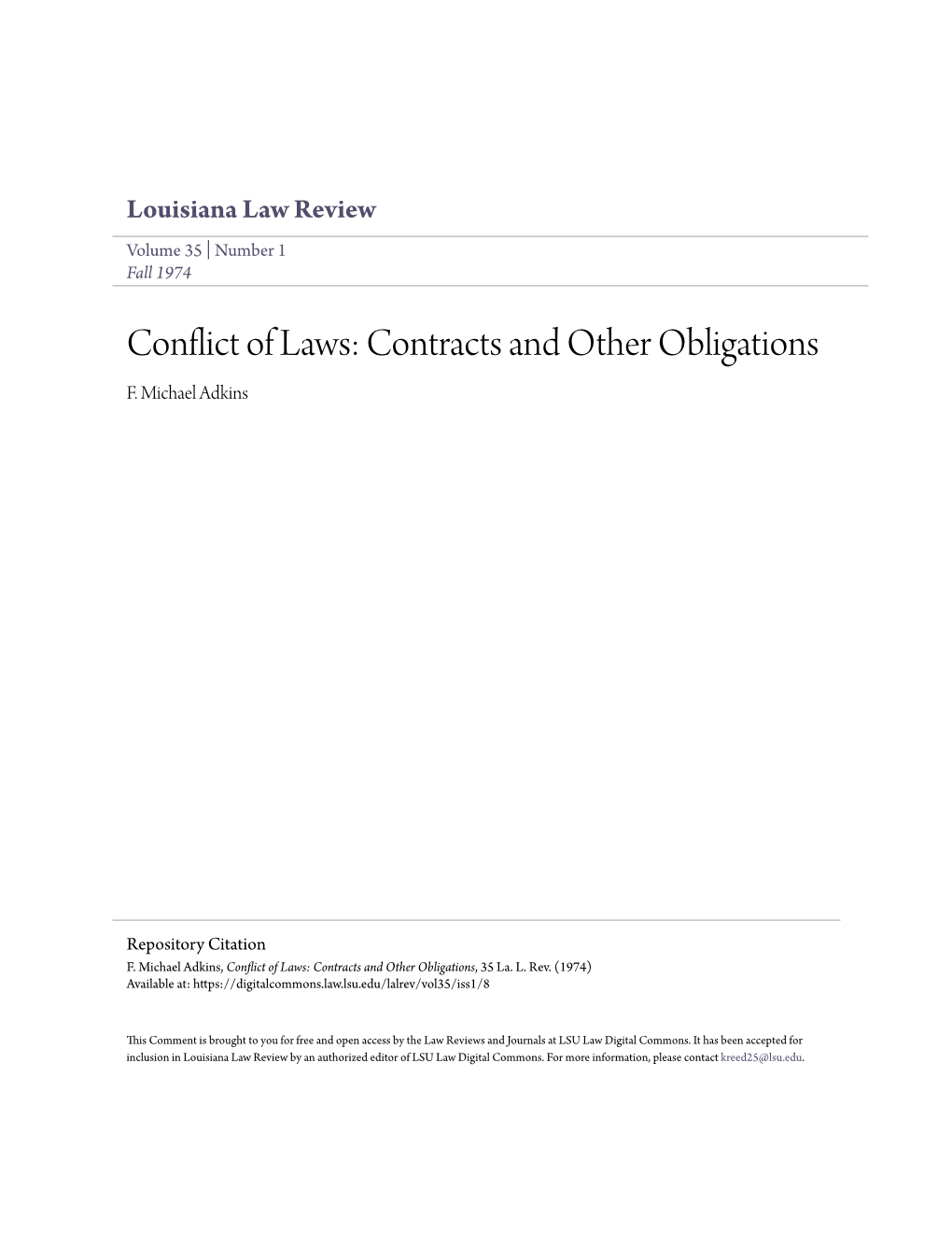 Conflict of Laws: Contracts and Other Obligations F