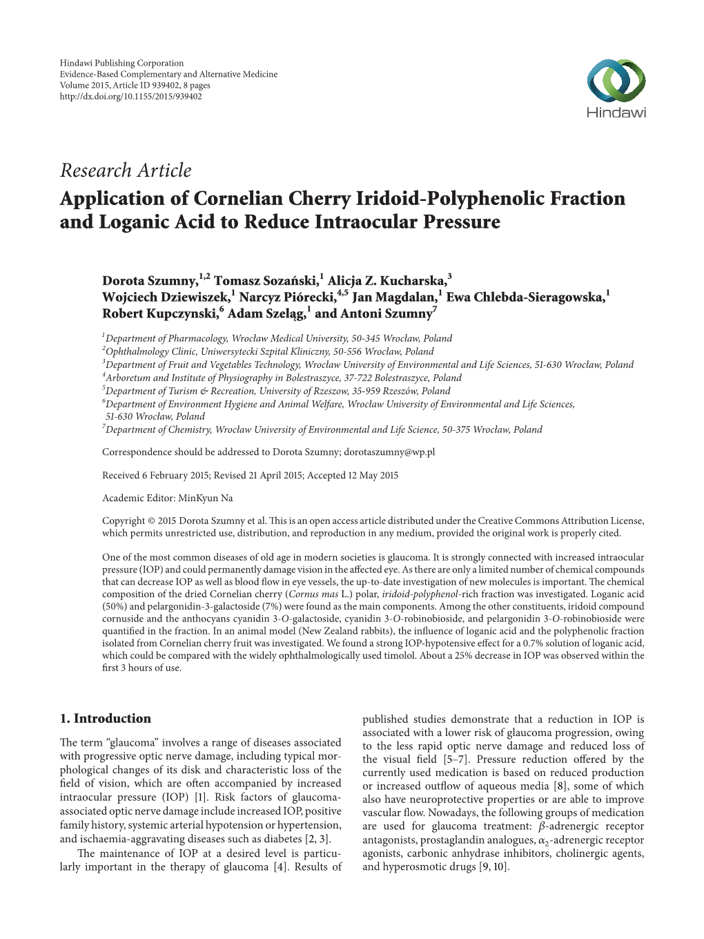 Application of Cornelian Cherry Iridoid-Polyphenolic Fraction and Loganic Acid to Reduce Intraocular Pressure