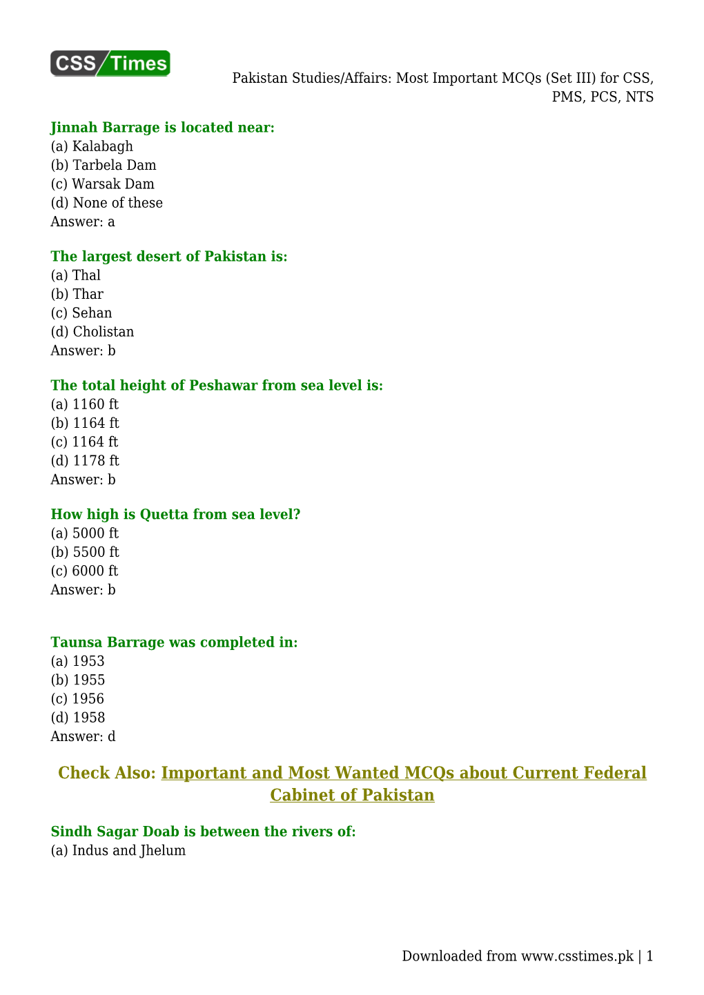 Most Important Mcqs (Set III) for CSS, PMS, PCS, NTS