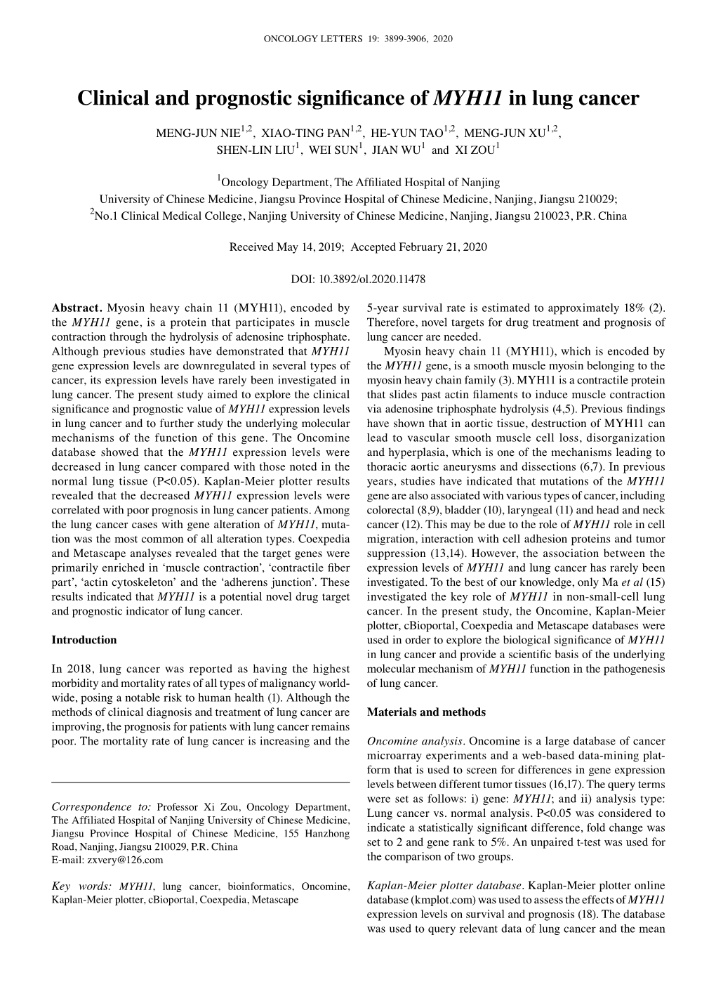 Clinical and Prognostic Significance of MYH11 in Lung Cancer