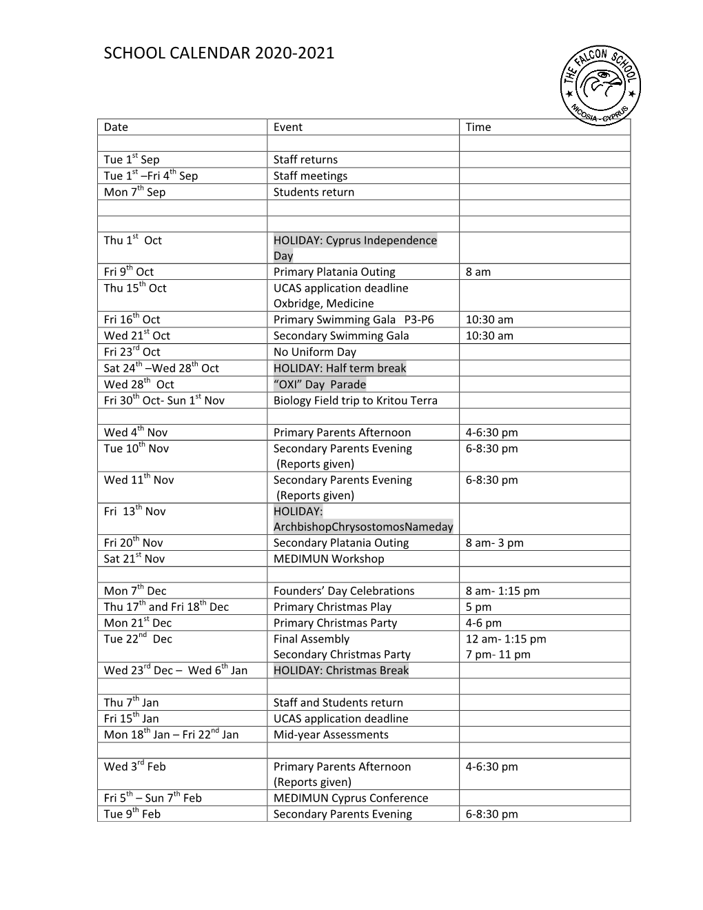 School Calendar 2020-2021