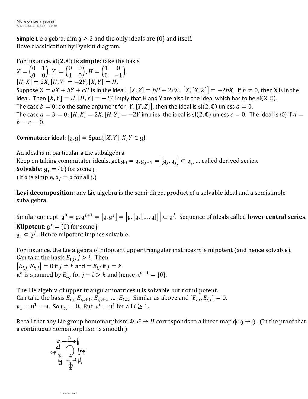 Lie Group Homomorphism Φ: � → � Corresponds to a Linear Map Φ: � → 