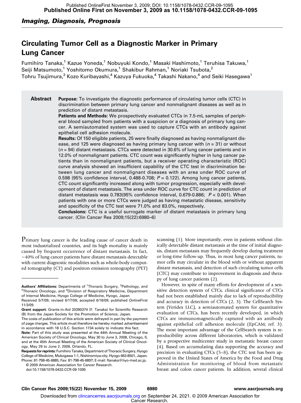 Circulating Tumor Cell As a Diagnostic Marker in Primary Lung Cancer