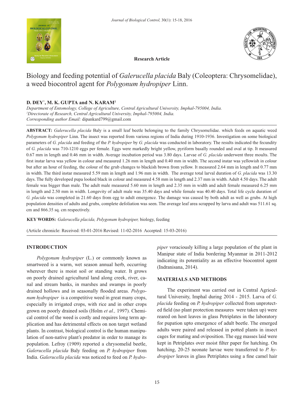 Biology and Feeding Potential of Galerucella Placida Baly (Coleoptera: Chrysomelidae), a Weed Biocontrol Agent for Polygonum Hydropiper Linn