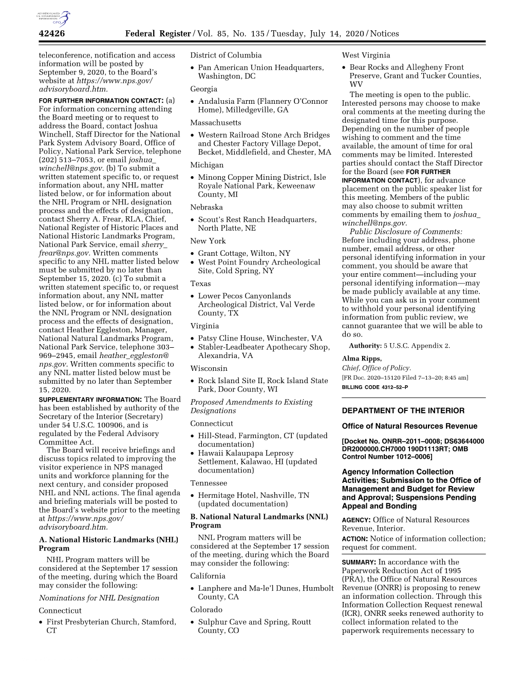 Federal Register/Vol. 85, No. 135/Tuesday, July 14, 2020/Notices