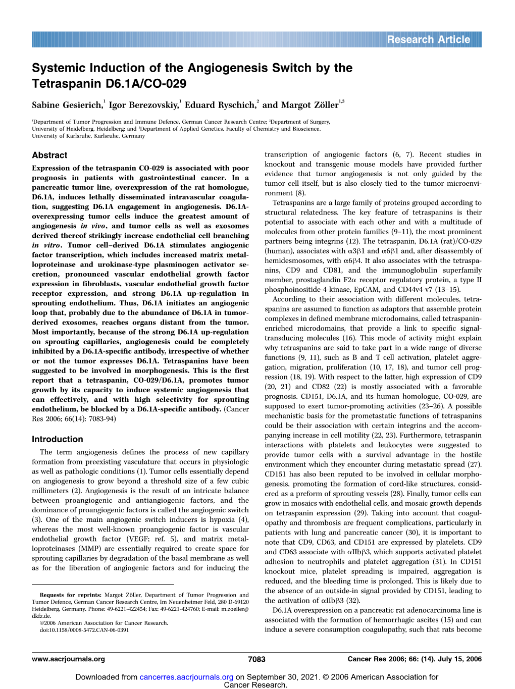 Systemic Induction of the Angiogenesis Switch by the Tetraspanin D6.1A/CO-029