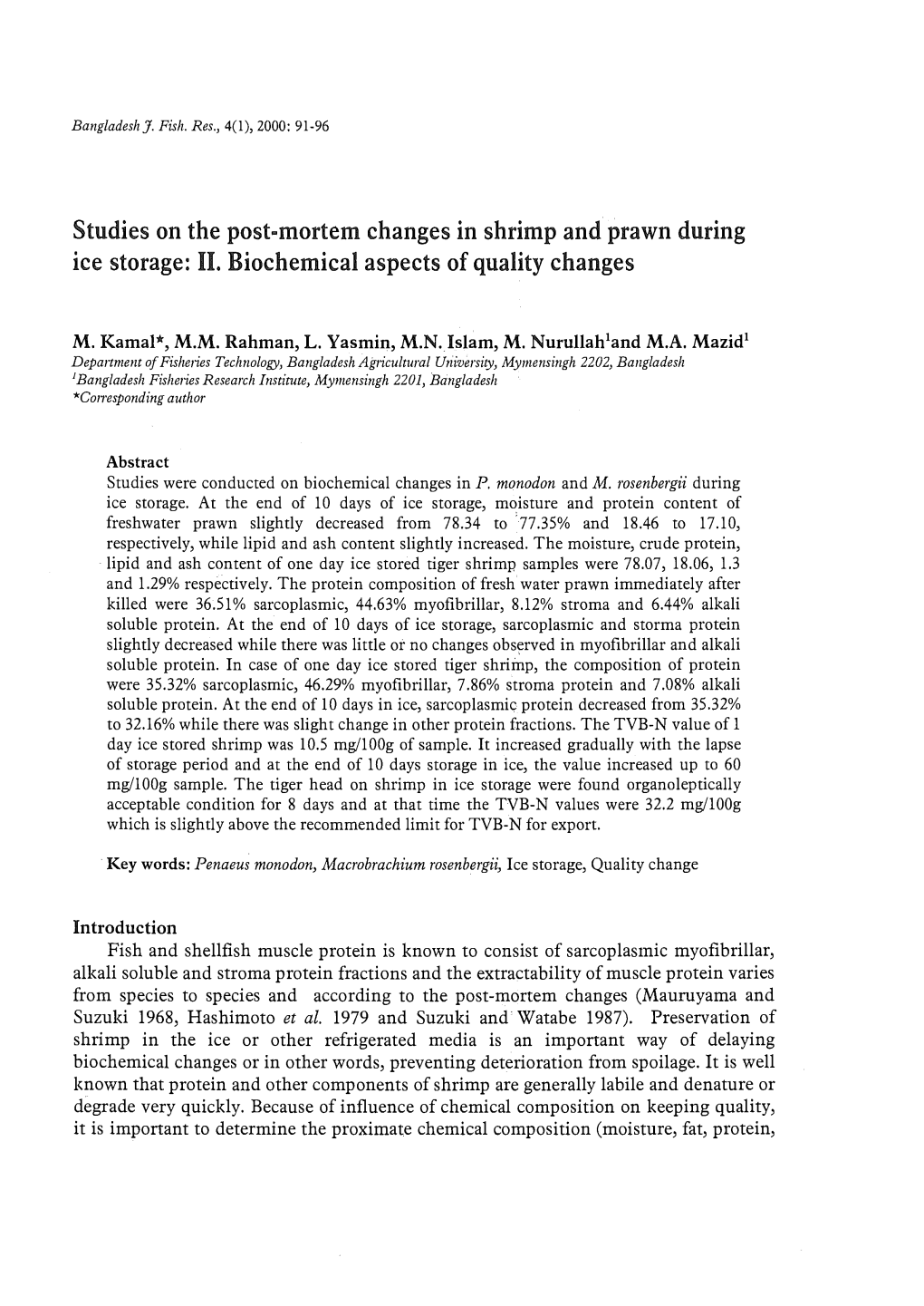 Studies on the Post-Mortem Changes in Shrimp and Prawn During Ice Storage: II