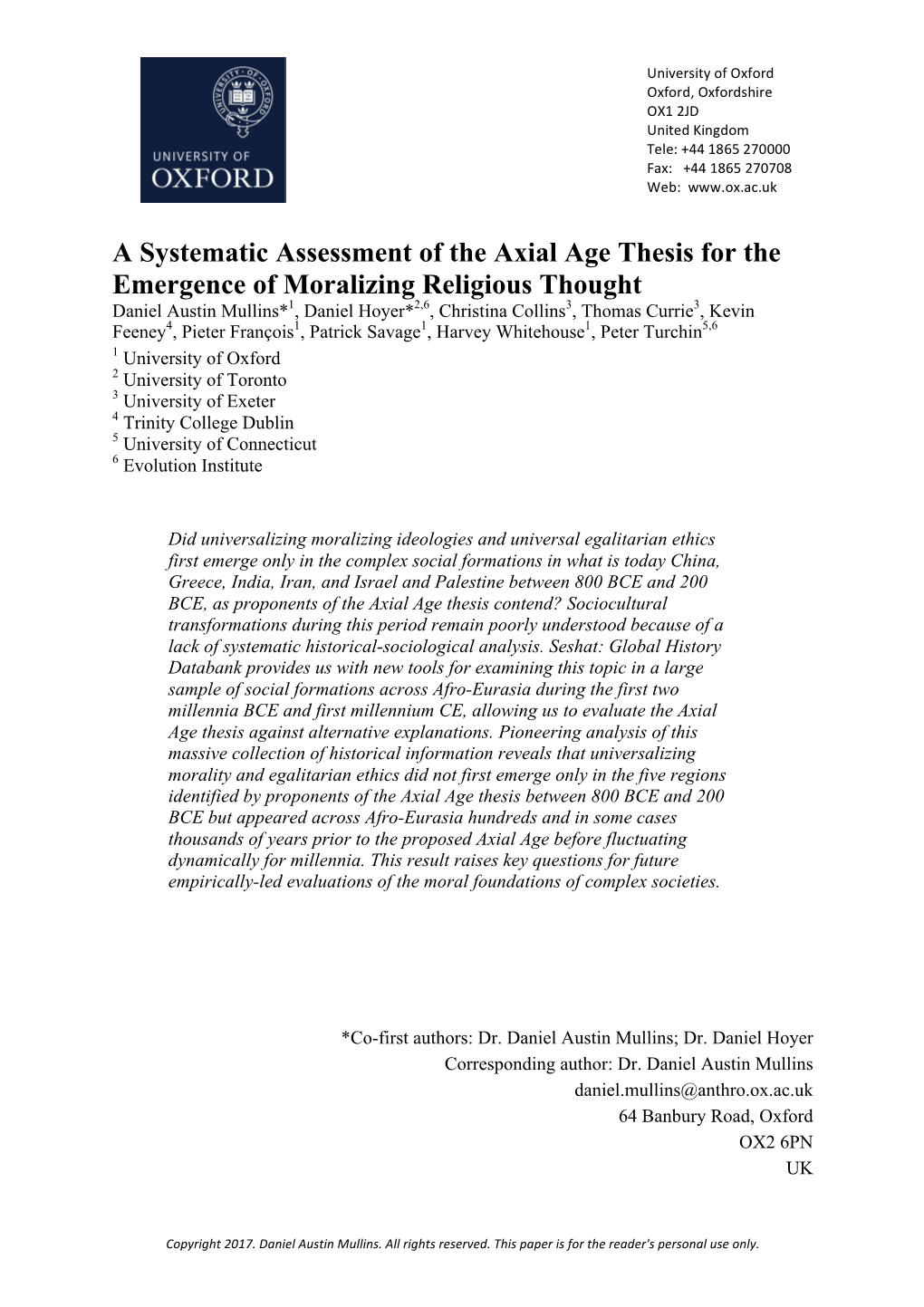 A Systematic Assessment of the Axial Age Thesis for the Emergence of Moralizing Religious Thought