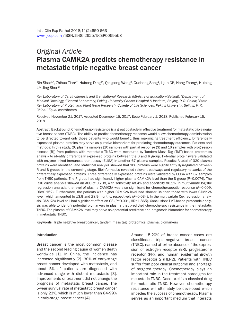 Original Article Plasma CAMK2A Predicts Chemotherapy Resistance in Metastatic Triple Negative Breast Cancer