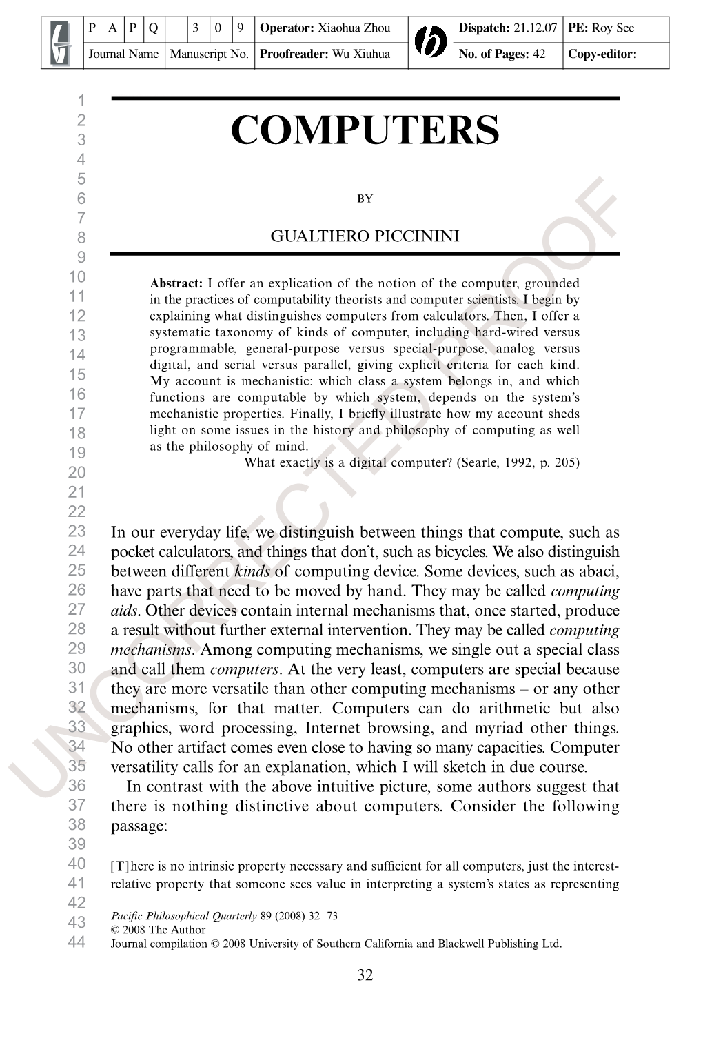 Computersaciﬁc 2008CIFIC Philosophical Universityuk Articles PHILOSOPHICAL Publishing of Quarterlysouthernltd QUARTERLY California and Blackwell Publishing Ltd