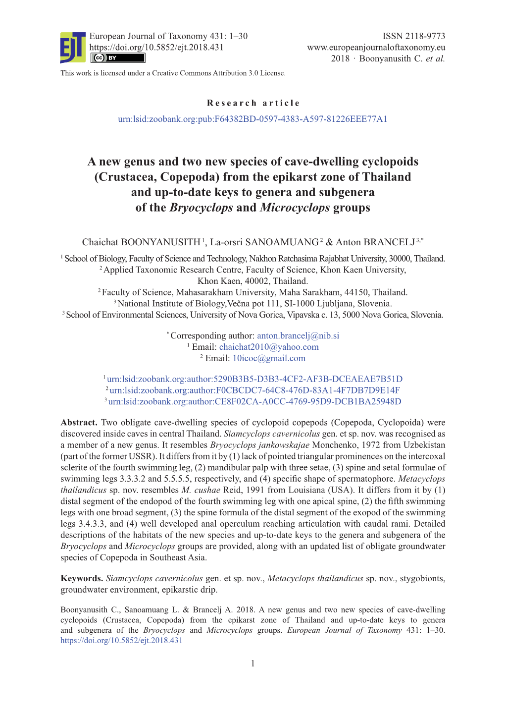 A New Genus and Two New Species of Cave-Dwelling Cyclopoids (Crustacea, Copepoda) from the Epikarst Zone of Thailand and Up-To-D