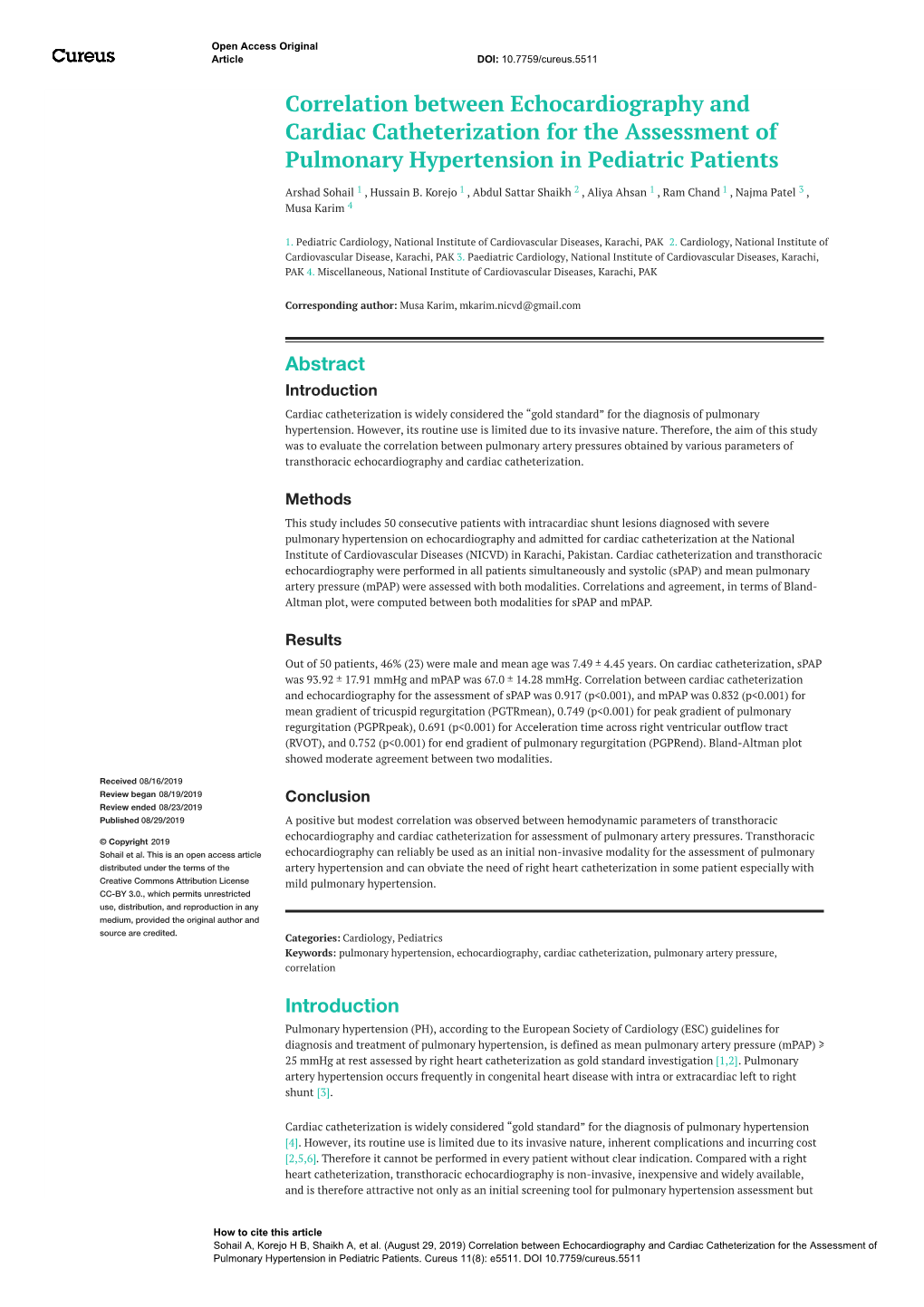 Correlation Between Echocardiography and Cardiac Catheterization for the Assessment of Pulmonary Hypertension in Pediatric Patients