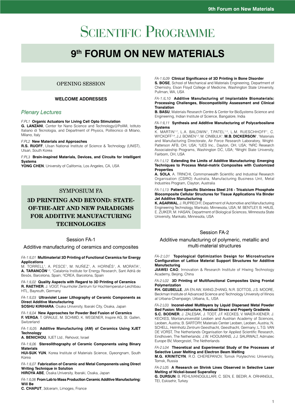 Scientific Programme 9Th FORUM on NEW MATERIALS