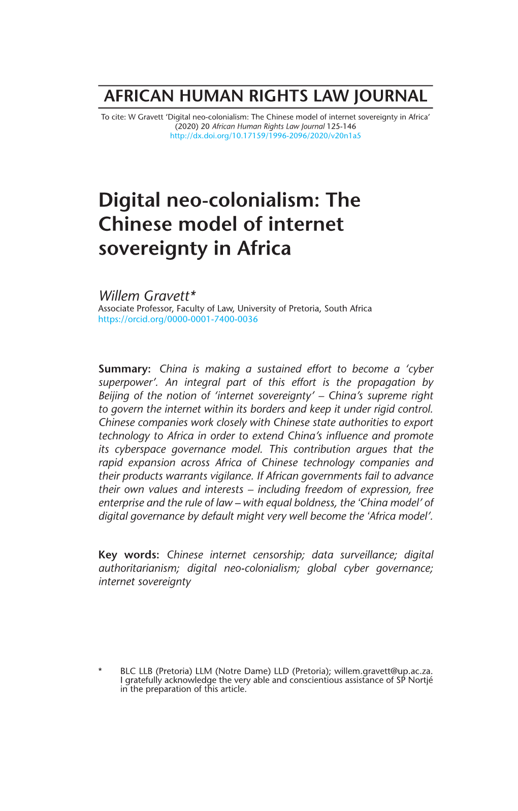 Digital Neo-Colonialism: the Chinese Model of Internet Sovereignty in Africa