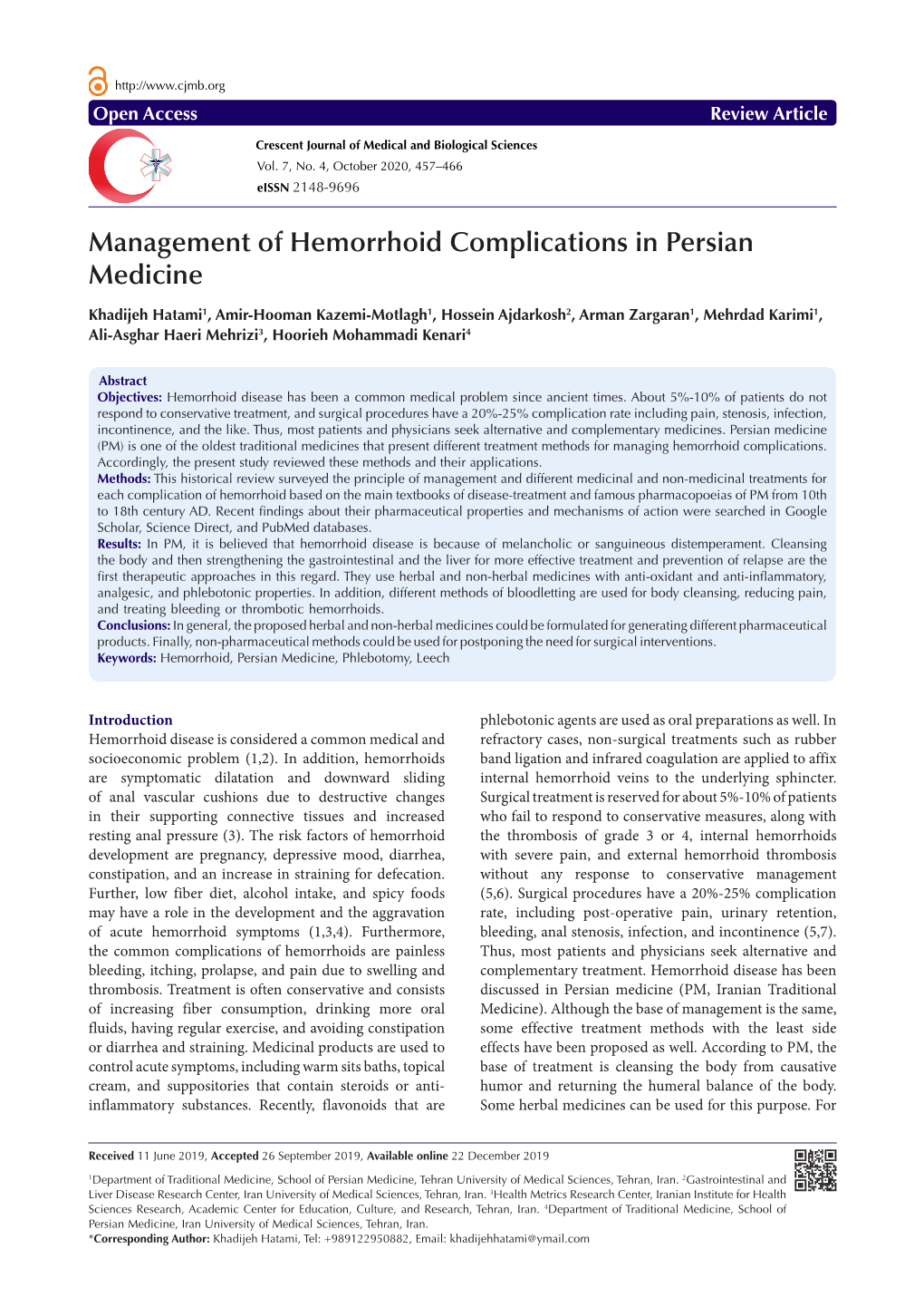 Management of Hemorrhoid Complications in Persian Medicine