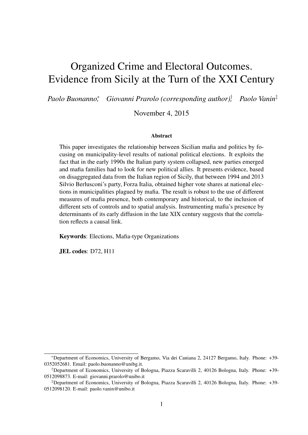 Organized Crime and Electoral Outcomes. Evidence from Sicily at the Turn of the XXI Century