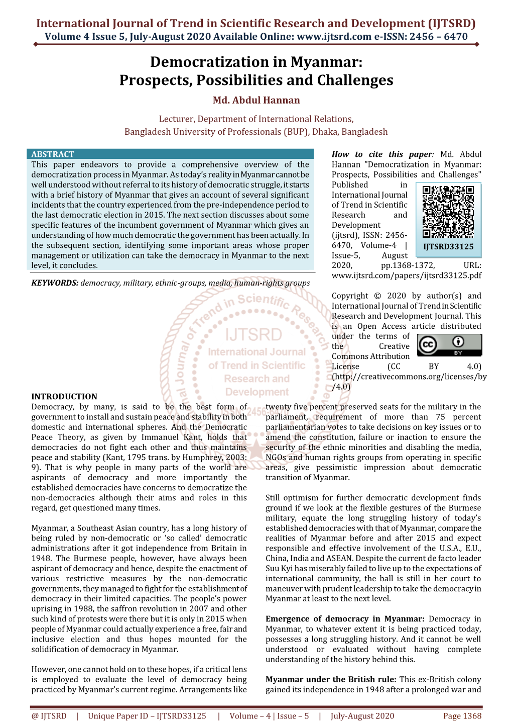 Democratization in Myanmar: Prospects, Possibilities and Challenges Md